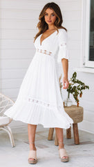 White V Neck Ruffle Hem Lace Dress