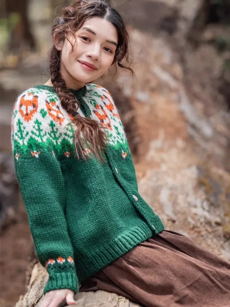 Handmade Thick Warm Vintage Fair Isle Nordic Green Cardigans Christmas Sweater Sweaters-L