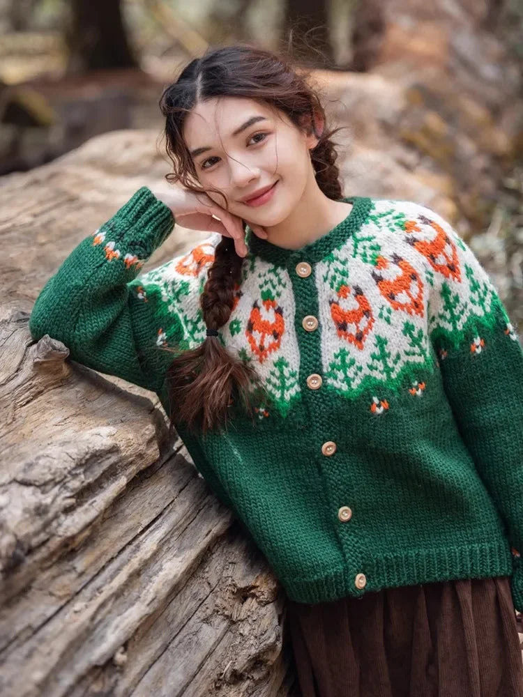 Handmade Thick Warm Vintage Fair Isle Nordic Green Cardigans Christmas Sweater Sweaters-L