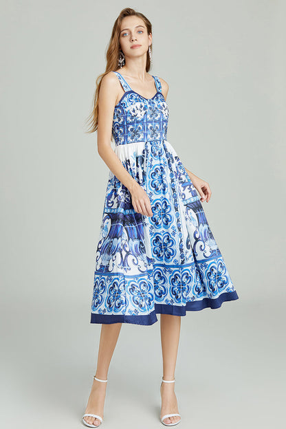 Blue White Porcelain Positioning Retro Printing Three Dimensional Tube Top Strap Dress High Waist Dress