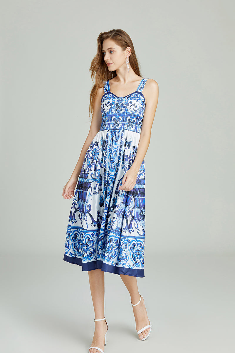 Blue White Porcelain Positioning Retro Printing Three Dimensional Tube Top Strap Dress High Waist Dress