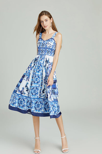 Blue White Porcelain Positioning Retro Printing Three Dimensional Tube Top Strap Dress High Waist Dress