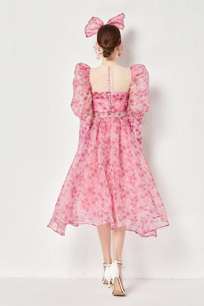 Light Luxury Slim Puff Sleeve Bright Silk Yarn Oversized Puff Dress