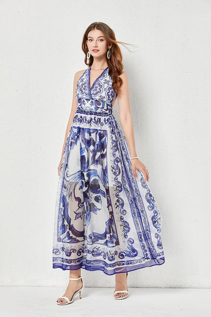 Strap Backless Pleated High Waist Slim Dress Tencel Dress