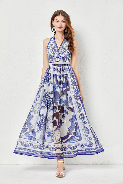 Strap Backless Pleated High Waist Slim Dress Tencel Dress