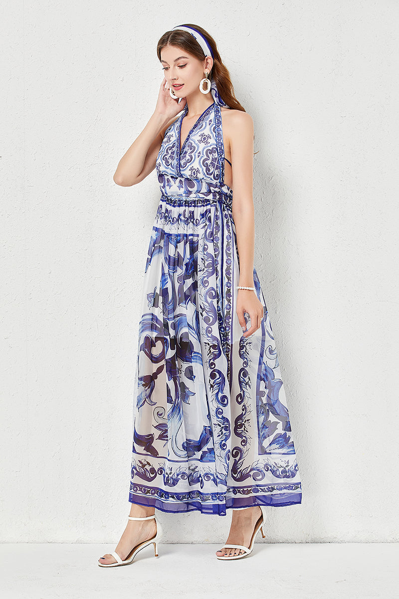 Strap Backless Pleated High Waist Slim Dress Tencel Dress