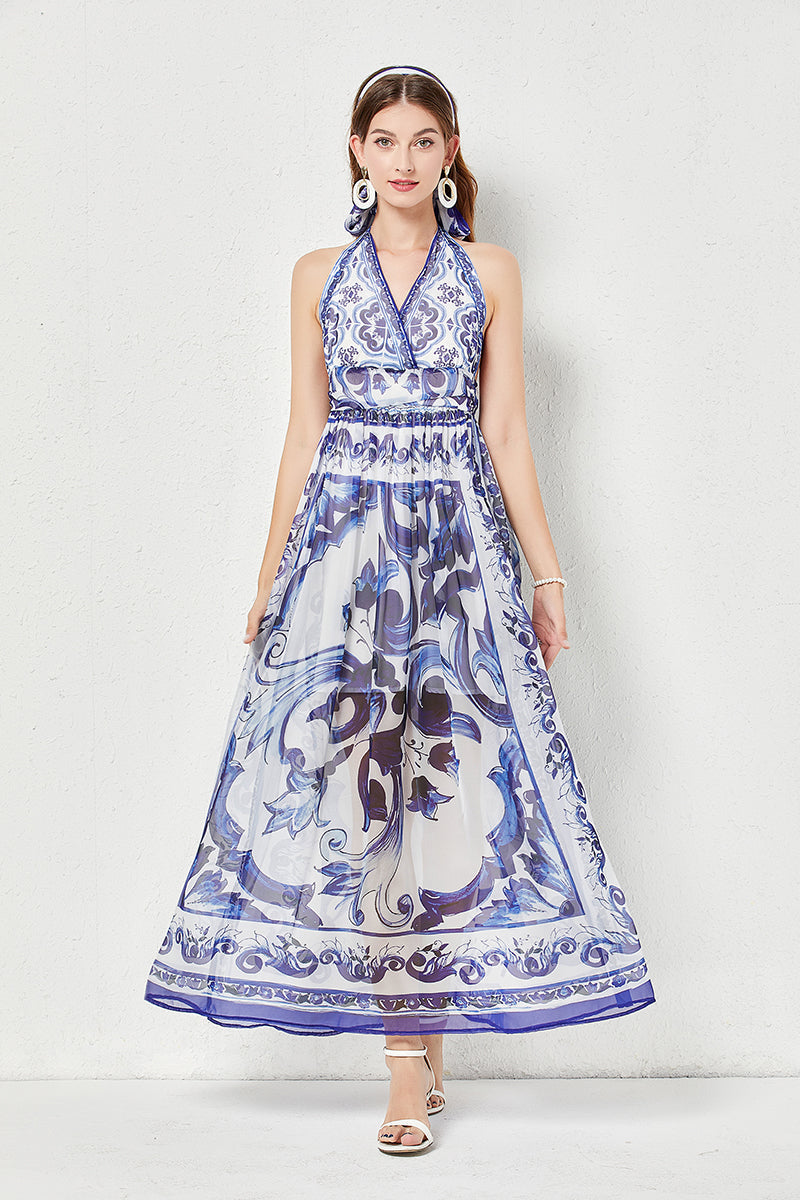 Strap Backless Pleated High Waist Slim Dress Tencel Dress