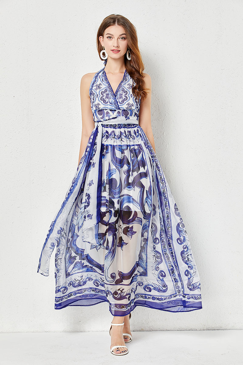 Strap Backless Pleated High Waist Slim Dress Tencel Dress