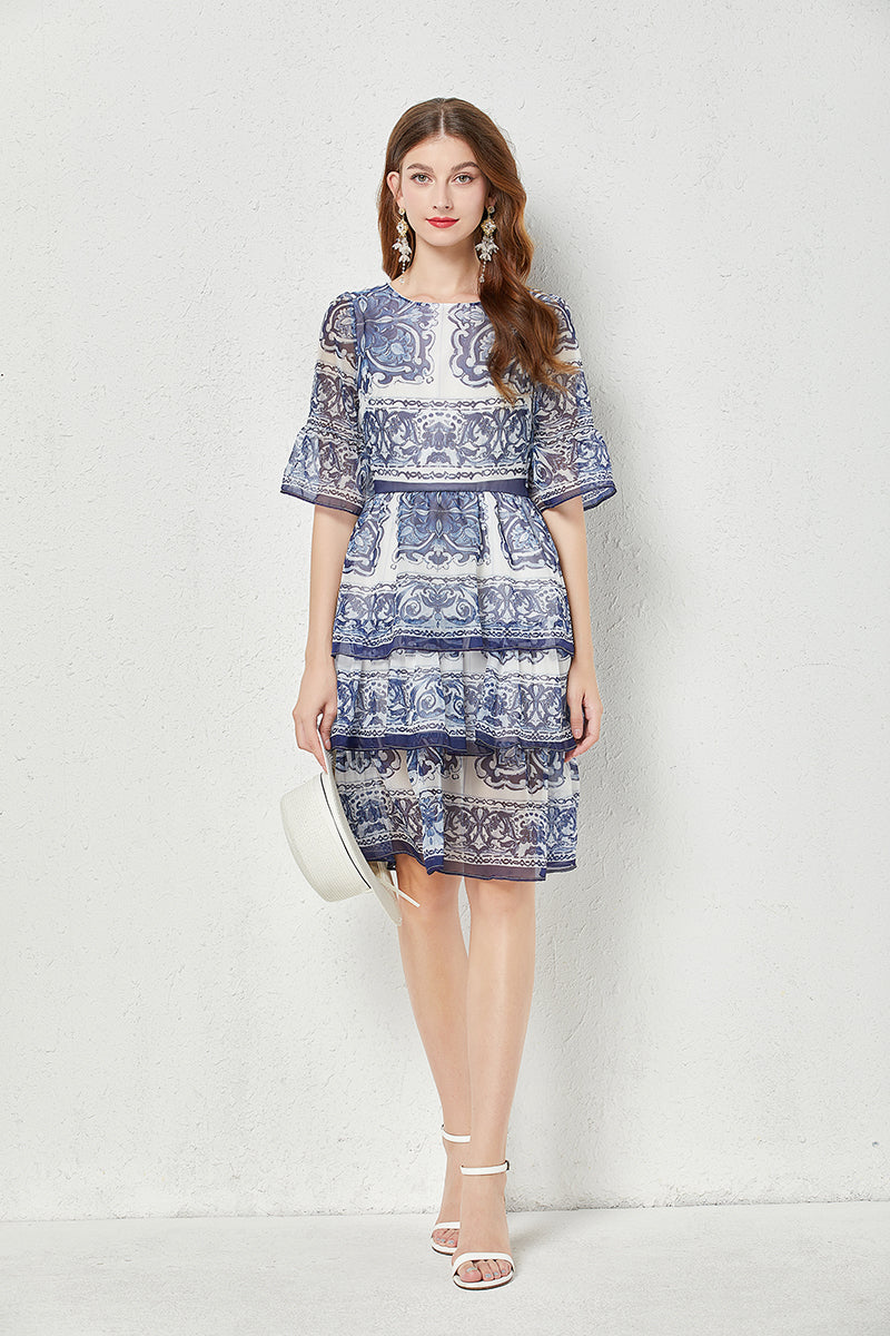 High End Blue White Porcelain Printed Horn Sleeve 3 Layer Cake Dress Silk Large Pendulum Dress