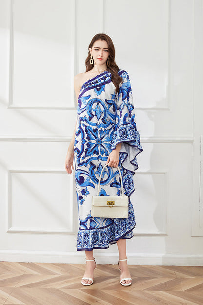 Asymmetric Design Slant Shoulder Print Loose Dress