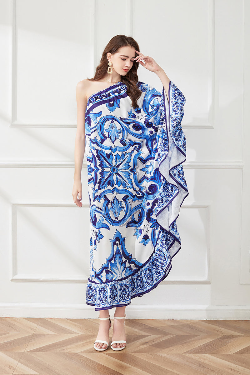 Asymmetric Design Slant Shoulder Print Loose Dress