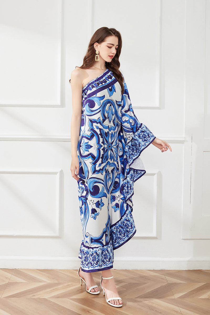 Asymmetric Design Slant Shoulder Print Loose Dress