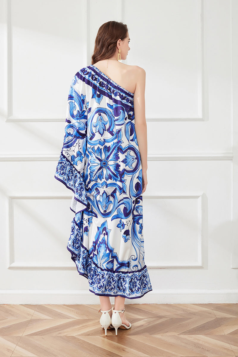 Asymmetric Design Slant Shoulder Print Loose Dress