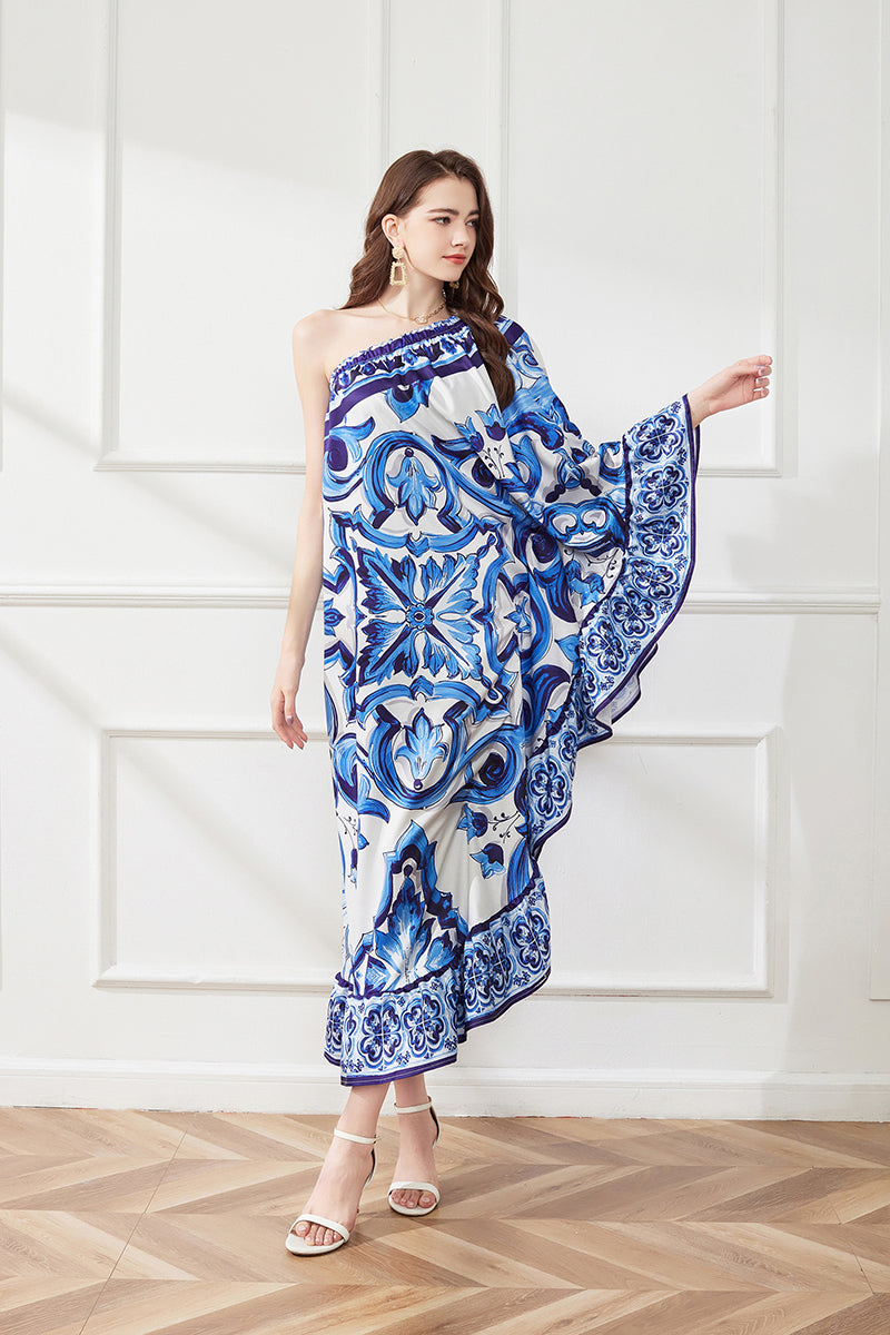 Asymmetric Design Slant Shoulder Print Loose Dress