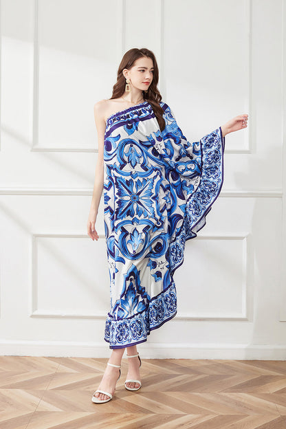 Asymmetric Design Slant Shoulder Print Loose Dress
