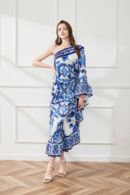 Asymmetric Design Slant Shoulder Print Loose Dress