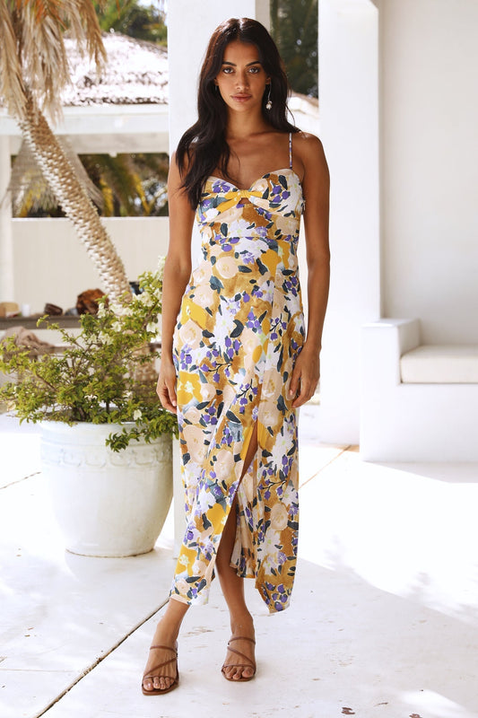 Vacation Floral V Neck Cami Maxi High Split A Line Dress