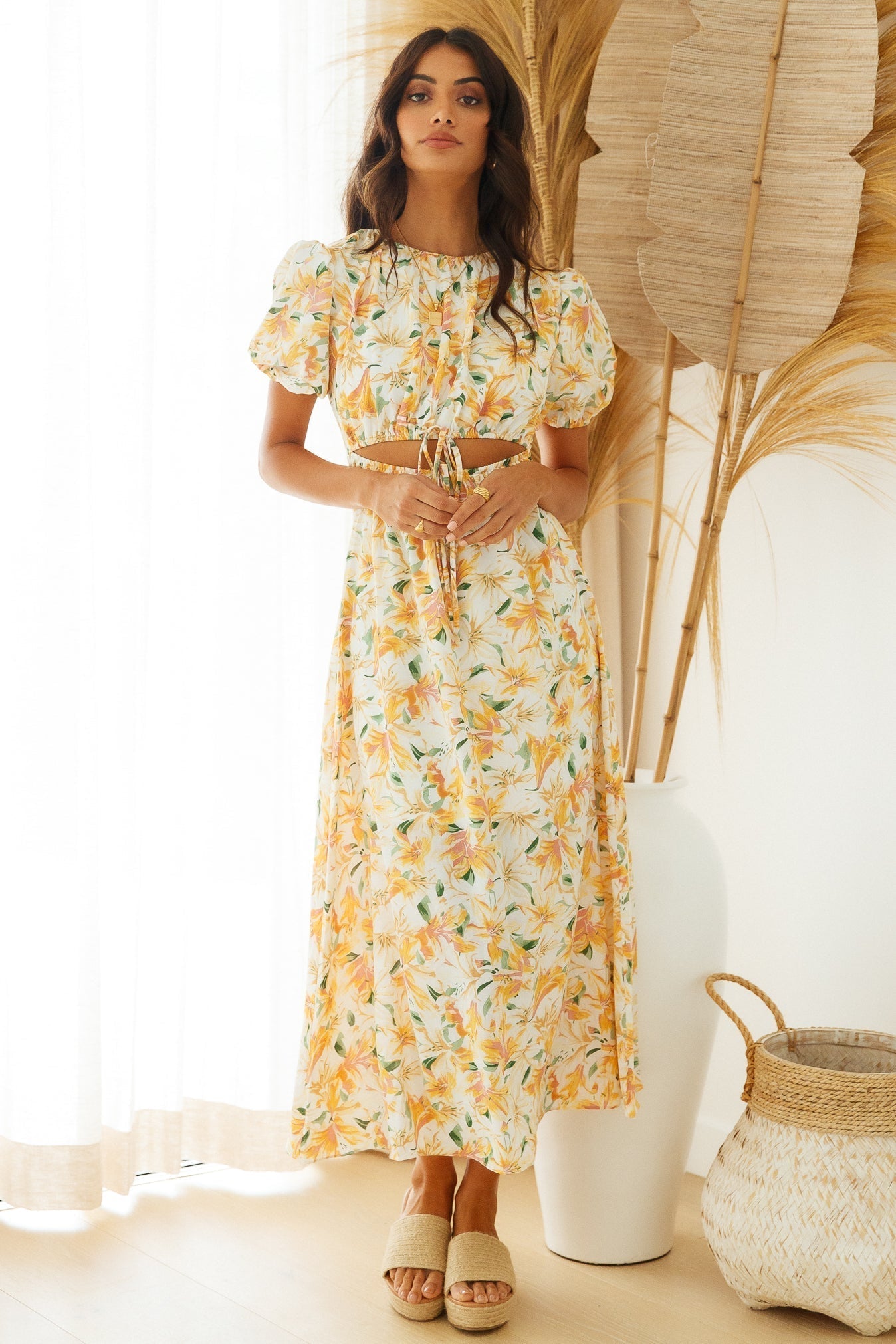 Waist Revealing Long Dress Printed Short Sleeve Puff Sleeve Dress