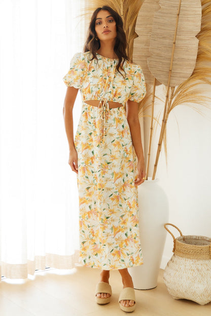 Waist Revealing Long Dress Printed Short Sleeve Puff Sleeve Dress