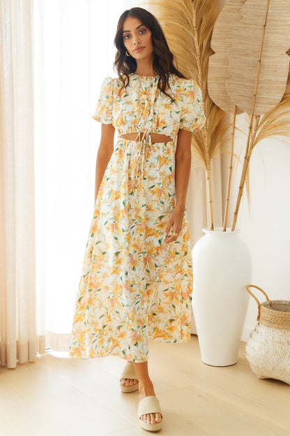 Waist Revealing Long Dress Printed Short Sleeve Puff Sleeve Dress