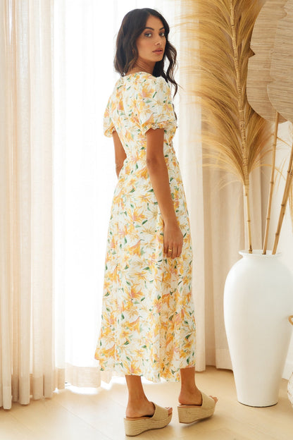 Waist Revealing Long Dress Printed Short Sleeve Puff Sleeve Dress