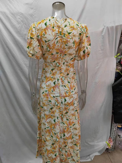 Waist Revealing Long Dress Printed Short Sleeve Puff Sleeve Dress