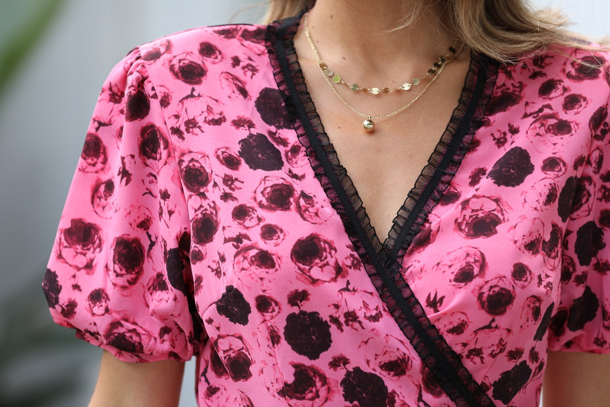 Puff Sleeve Peplum Edge V Neck Dress