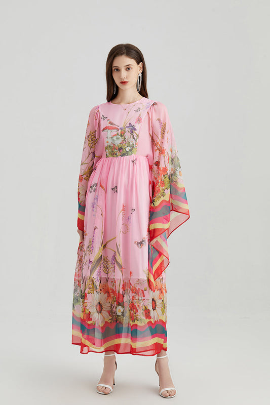 Vintage Court Style Round Neck Trumpet Long Sleeve Loose Printed Dress Tencel Long Dress