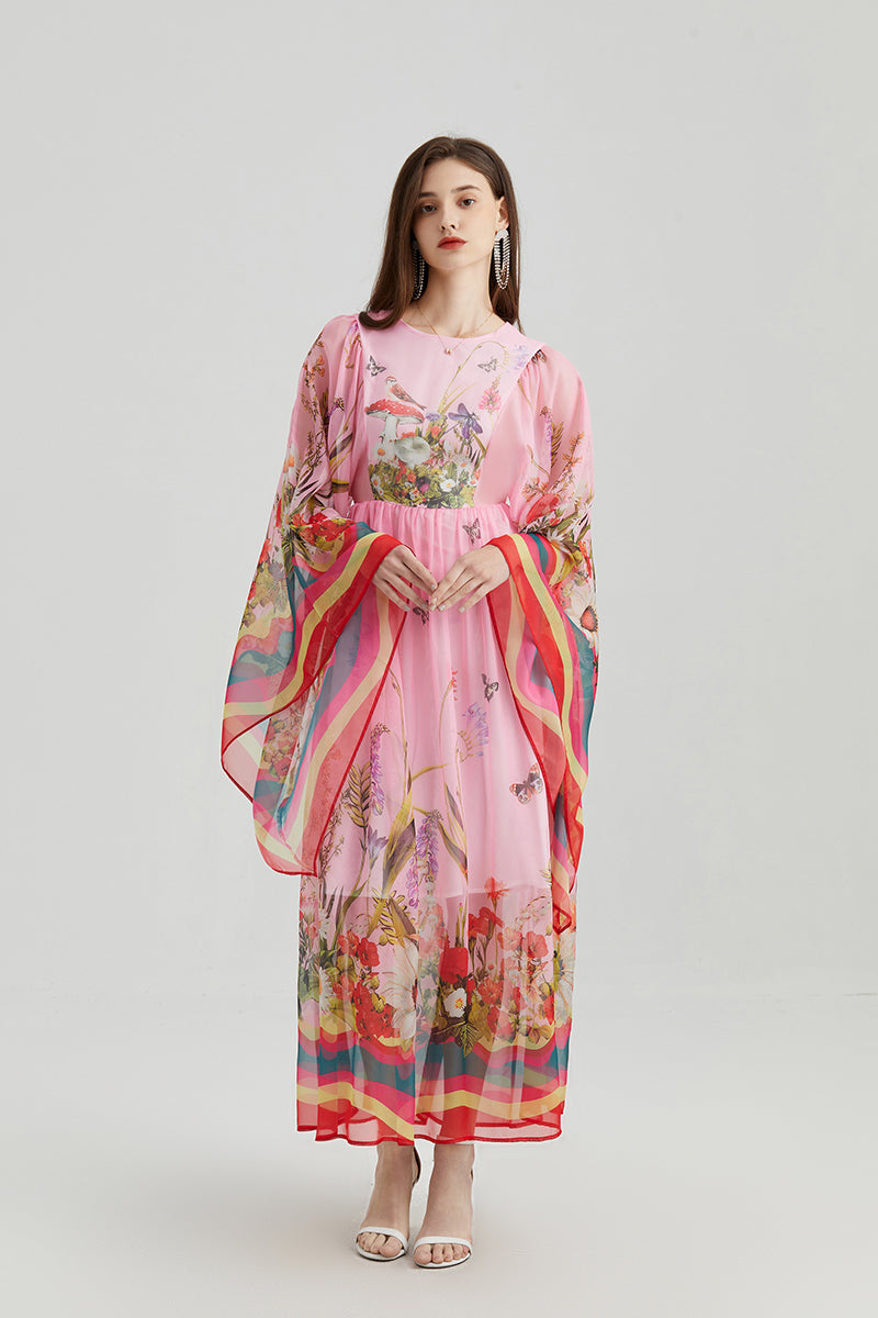 Vintage Court Style Round Neck Trumpet Long Sleeve Loose Printed Dress Tencel Long Dress