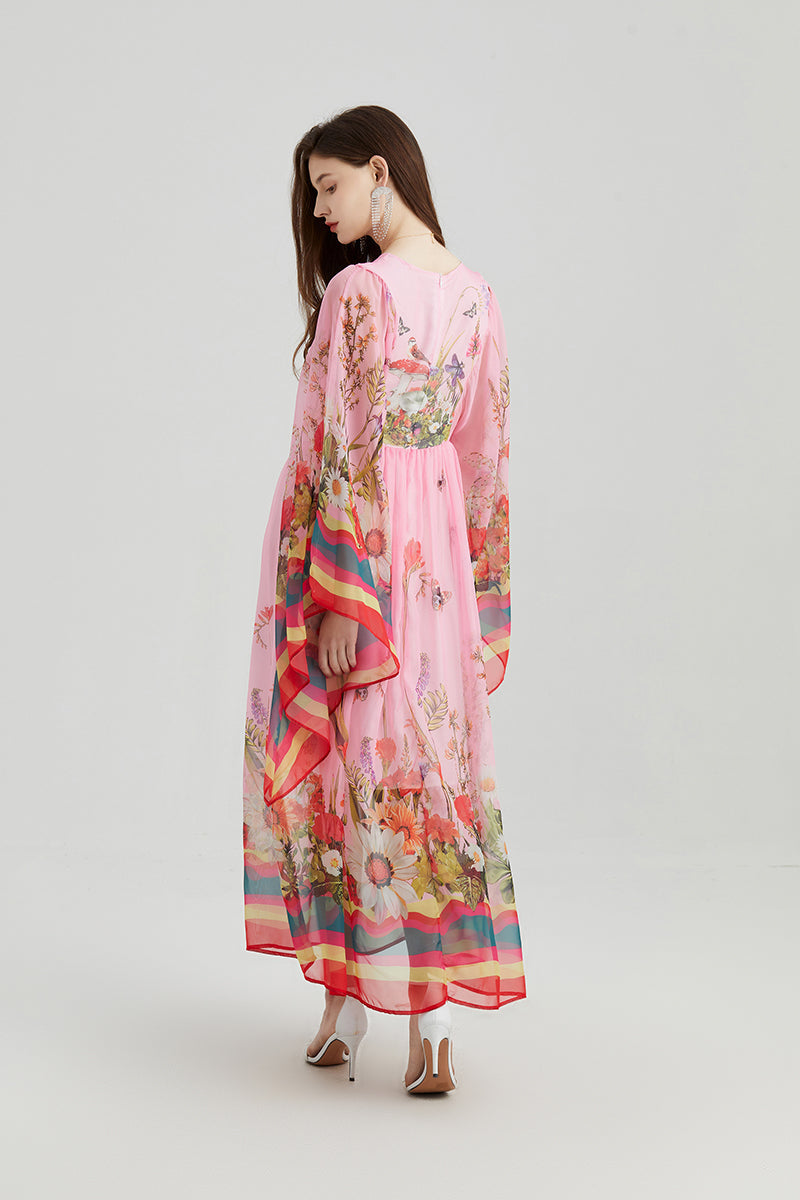 Vintage Court Style Round Neck Trumpet Long Sleeve Loose Printed Dress Tencel Long Dress