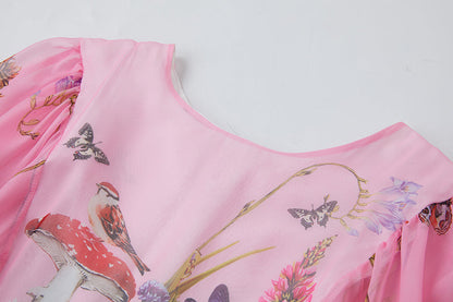 Vintage Court Style Round Neck Trumpet Long Sleeve Loose Printed Dress Tencel Long Dress