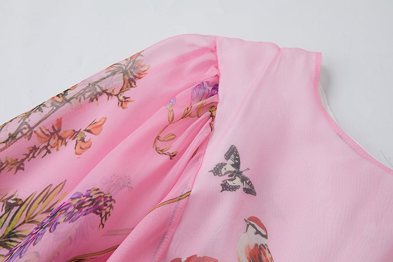 Vintage Court Style Round Neck Trumpet Long Sleeve Loose Printed Dress Tencel Long Dress