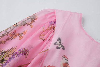 Vintage Court Style Round Neck Trumpet Long Sleeve Loose Printed Dress Tencel Long Dress