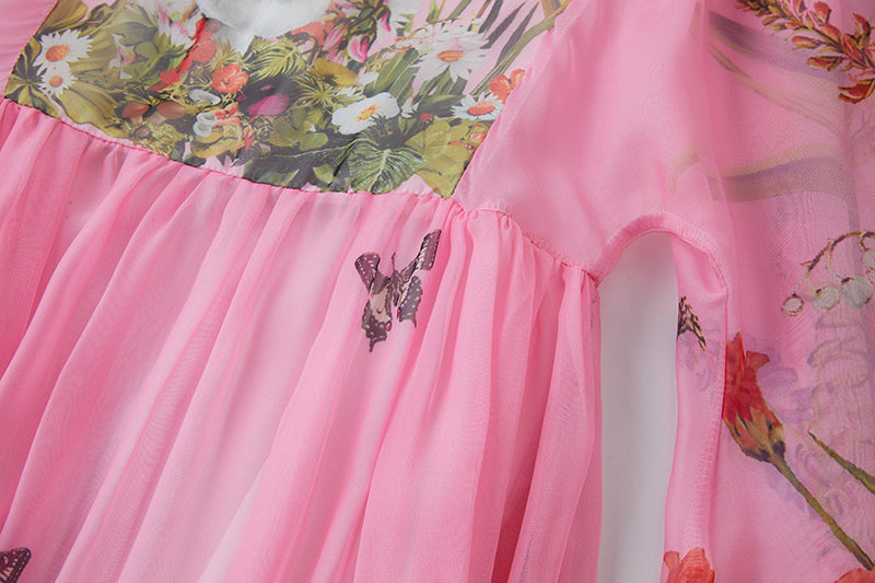 Vintage Court Style Round Neck Trumpet Long Sleeve Loose Printed Dress Tencel Long Dress