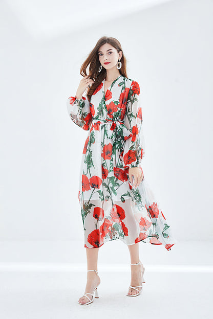 Fall Vacation V Neck Floral Belted A Line Maxi Dress