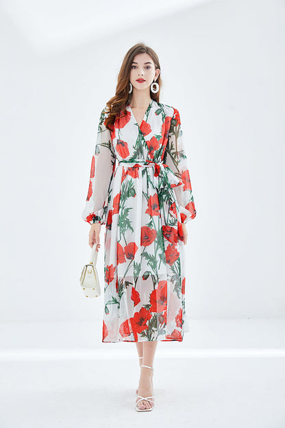 Fall Vacation V Neck Floral Belted A Line Maxi Dress