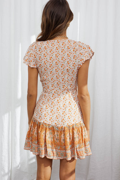 Deep V Strap Short Sleeve Printed Dress