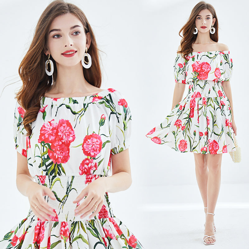 Rose Print off shoulder Tight Seashore Vacation Dress