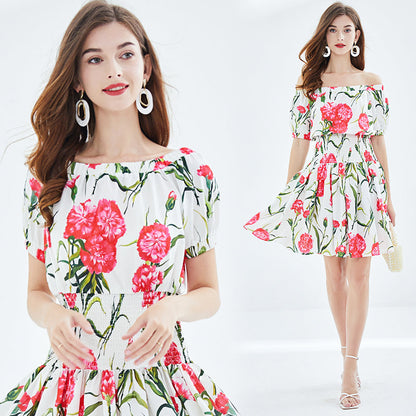 Rose Print off shoulder Tight Seashore Vacation Dress