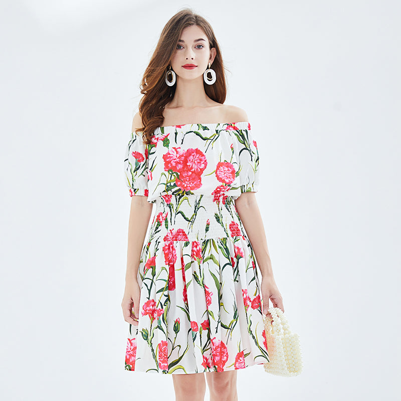 Rose Print off shoulder Tight Seashore Vacation Dress