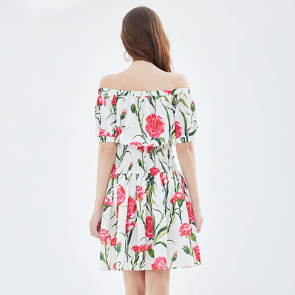 Rose Print off shoulder Tight Seashore Vacation Dress