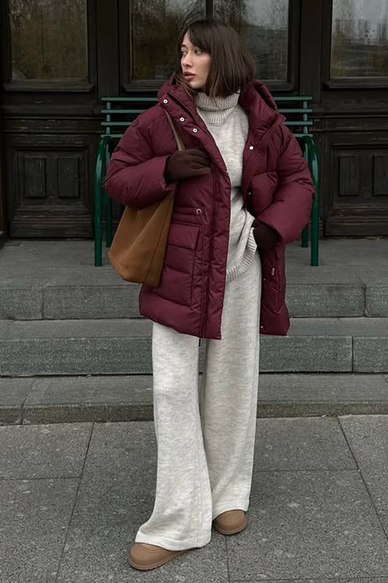 Burgundy Hooded Tie-Waist Zippered Cotton Coat