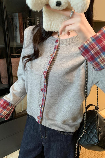 Red Plaid Contrast Round Neck Christmas Cardigan