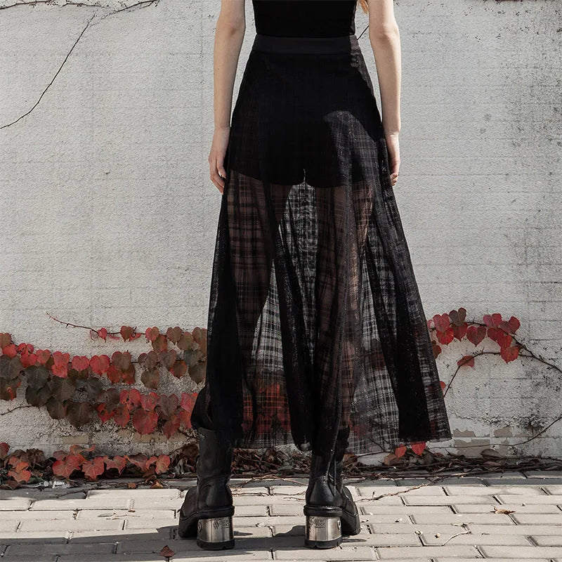 Women's Daily A Shape Mid-length Grid Mesh Forks Pantskirt Gothic Elastic Sexy Casual Long Skirt