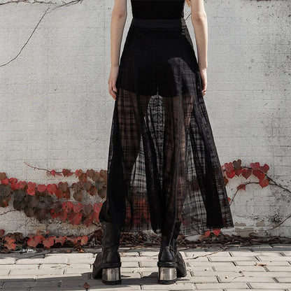 Women's Daily A Shape Mid-length Grid Mesh Forks Pantskirt Gothic Elastic Sexy Casual Long Skirt