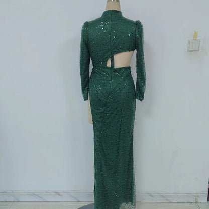 Irregular Asymmetric Sequined Long Sleeved Cocktail Dress Trailing Large Swing