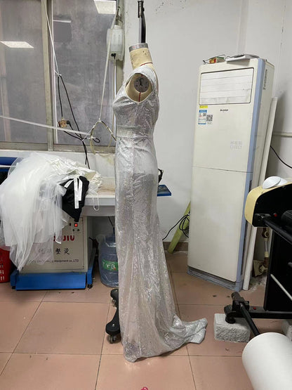 V Neck Slim Hip Wrapped Dress Sequined Split Dress