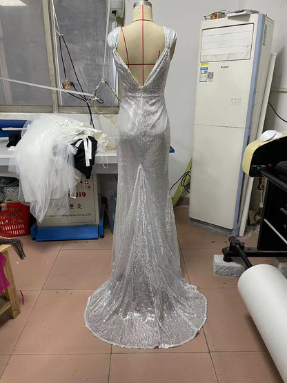 V Neck Slim Hip Wrapped Dress Sequined Split Dress