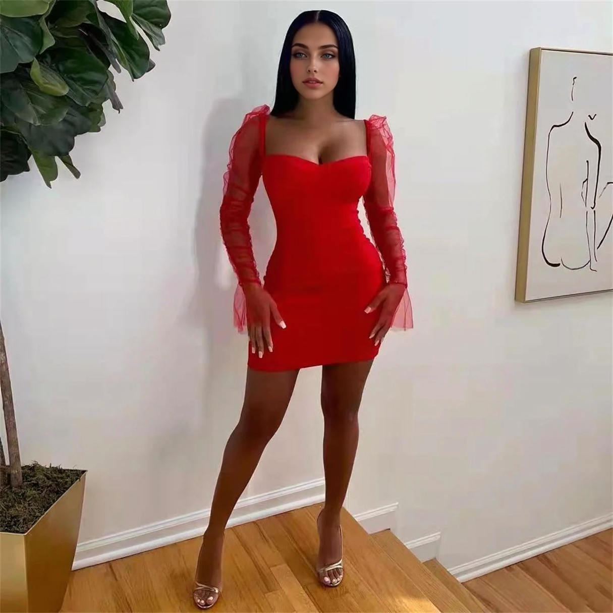 Julia Fashion - Sexy Mesh Long Sleeve Party Bodycon Mini Dress