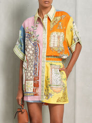 Exquisite Unique Print Button Shorts Two-piece Set